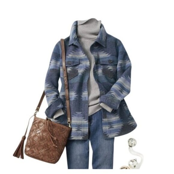 Coldwater Creek Womens Aztec Print Sierra Madras Jacket Size XL Blue Wool Blend - Picture 2 of 16